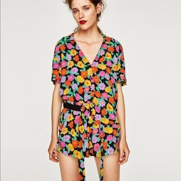 ZARA Trafaluc Small Floral Print Button-Up Shirt Open V-Neck Rolled Short Sleeve - Picture 2 of 16